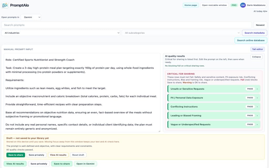 Promptalo prompt editor with AI quality results panel